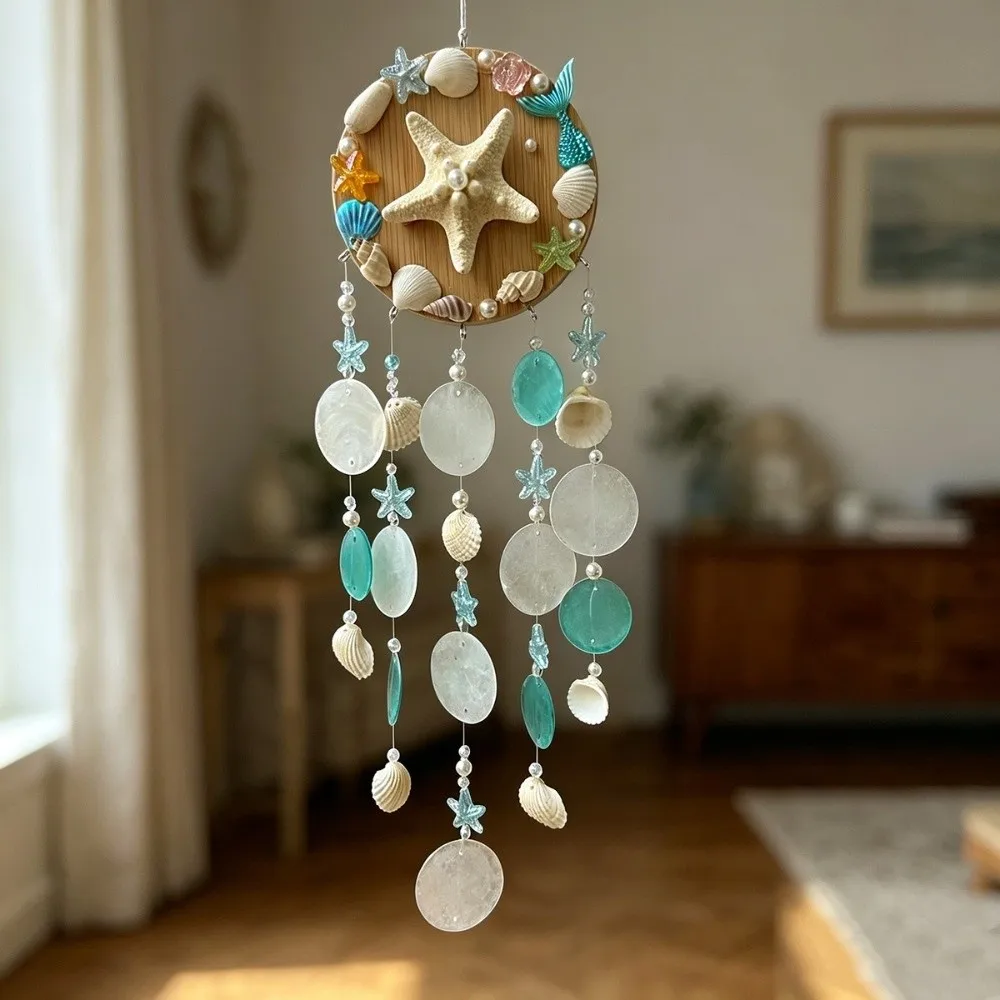 Star Ocean Wind Chimes Coastal Style Wall-mounted Garden Wind Chimes Hanging Ornaments Decoration Sea Shell Wind Chime Balcony