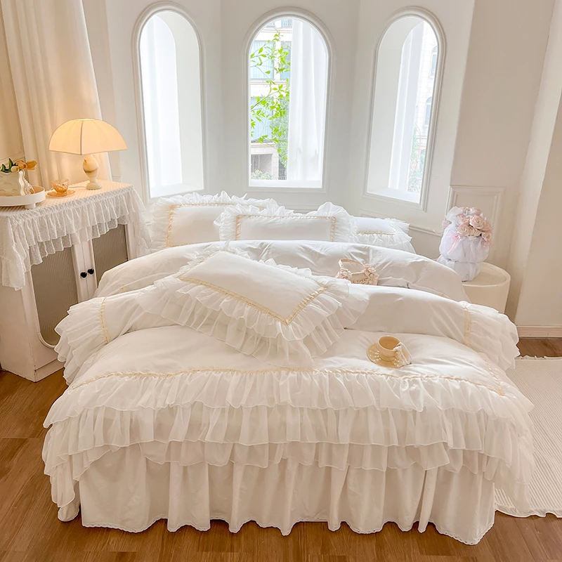 

4/6Pcs White Pink 100% Cotton Princess Wedding Bedding Set Three Layers White Chiffon Lace Duvet Cover Set Bed Skirt Pillowcases