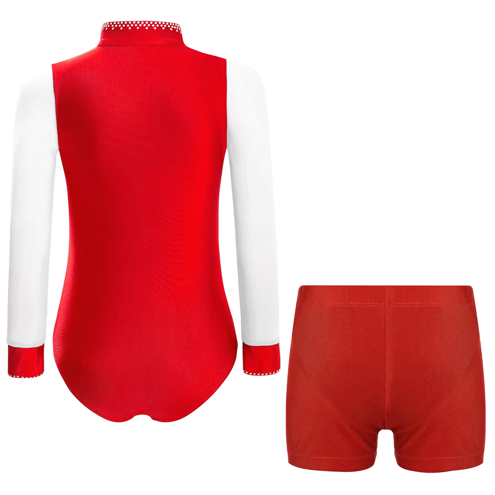 Tenue de danse de patinage artistique pour enfants garçons, Costumes de danse Jazz latine, maille transparente, manches longues, strass brillants, justaucorps + short