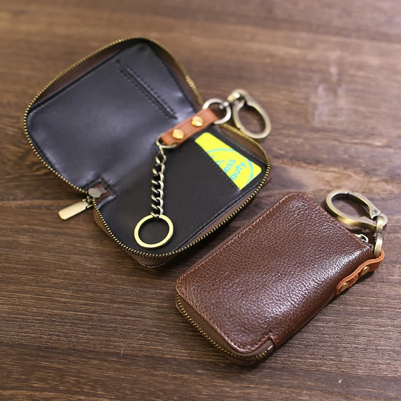 Luxury High Quality Original Leather Men Key Holder Organizer Pouch Wallet Retro Housekeeper Key Case Men's Waist Zipper Key Bag