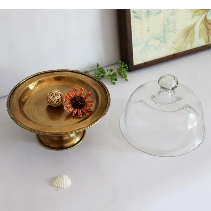 Brass Cake Pan Tall Stand Glass Cover Dim Sum Plate Dessert Fruit Dish Snack Tray Refreshment Display