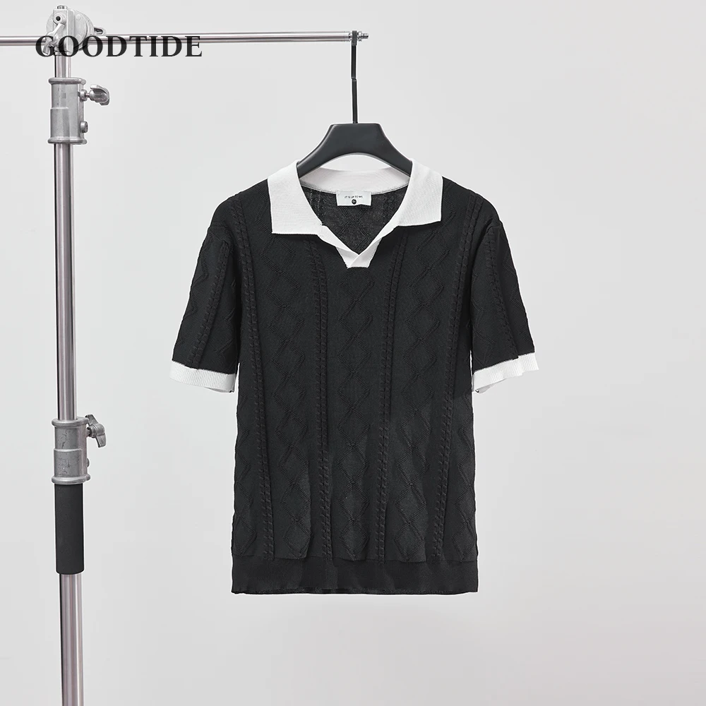 

Breathable Contrast Color V-neck Jacquard Texture Loose Summer Casual Top Short Sleeve Men Polo Fashion Men's Knitted Polo Shirt