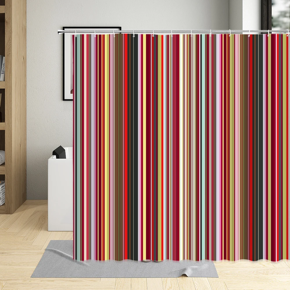 Decorative Geometric Shower Curtain, Colorful Stripe Printing, Waterproof Bathroom Decor, Polyester Fabric Curtains with Hooks