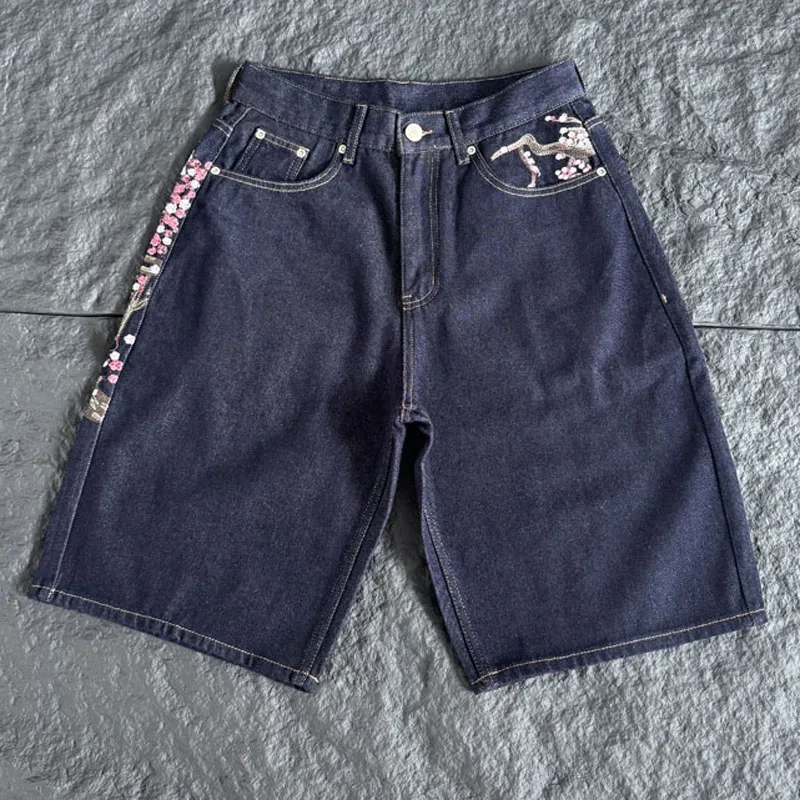 High Street Raw Dark Blue Wide Leg Denim Shorts Heavy Embroidery Derschutze Casual Jeans Men Women