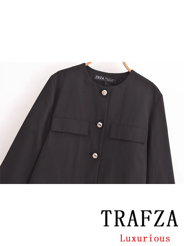 TRAFZA Vintage Chic Solid Women Suit O-Neck Single Breasted Long Sleeve Coat Loose Straight Pants New Fashion 2024 Autumn Suits