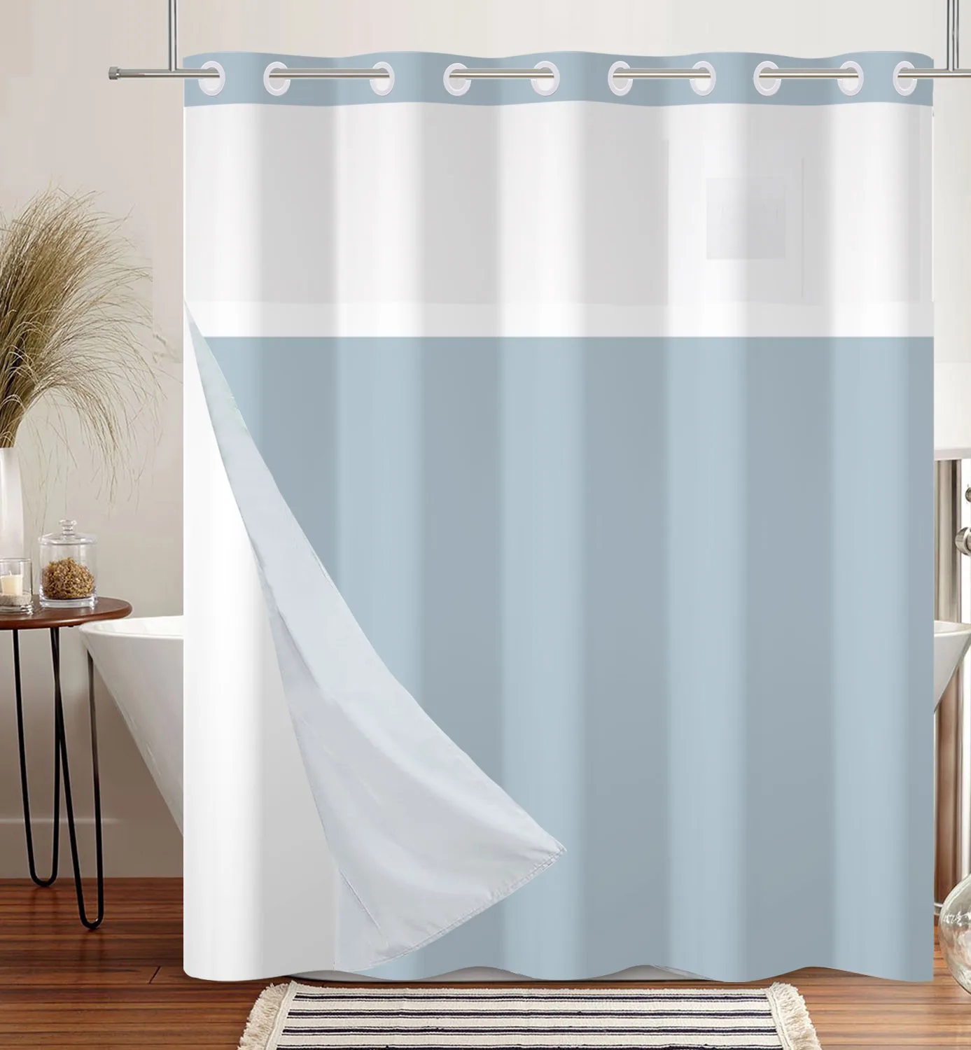 Hookless Shower Curtain Double Waterproof Bathroom White Translucent Top Window Fabric Partition Home Decor Snap Lined Removable