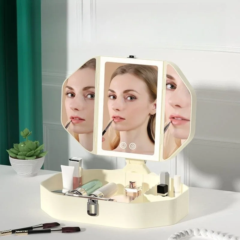 Beauty mirror high value clamshell storage box Internet celebrity bedroom desktop led makeup mirror portable out
