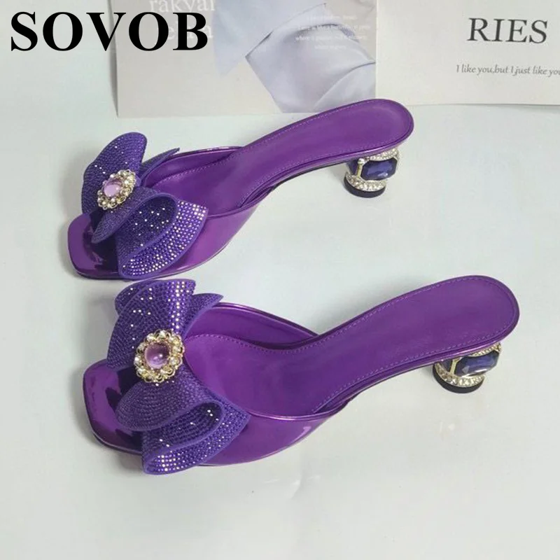 New Summer Patent Leather Rhinestone Bow Decoration High-Heeled Slippers Women Sweet Fairy Style Slippers Banquet Dress Shoes