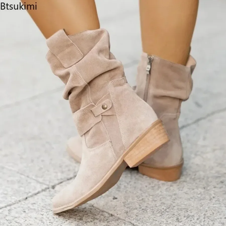 2024 Women's Warm Suede Boots for Winter Vintage Zipper Shoes Lady Mid-Calf Boot Outdoor Thick Low Heel Female Pointed Booties