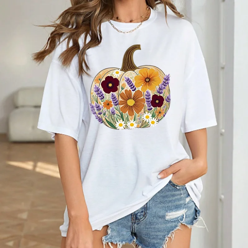 

Красочная женская футболка с короткими рукавами и цветком тыквы, модные свободные повседневные футболки с круглым вырезом, костюмы на Хэллоуин