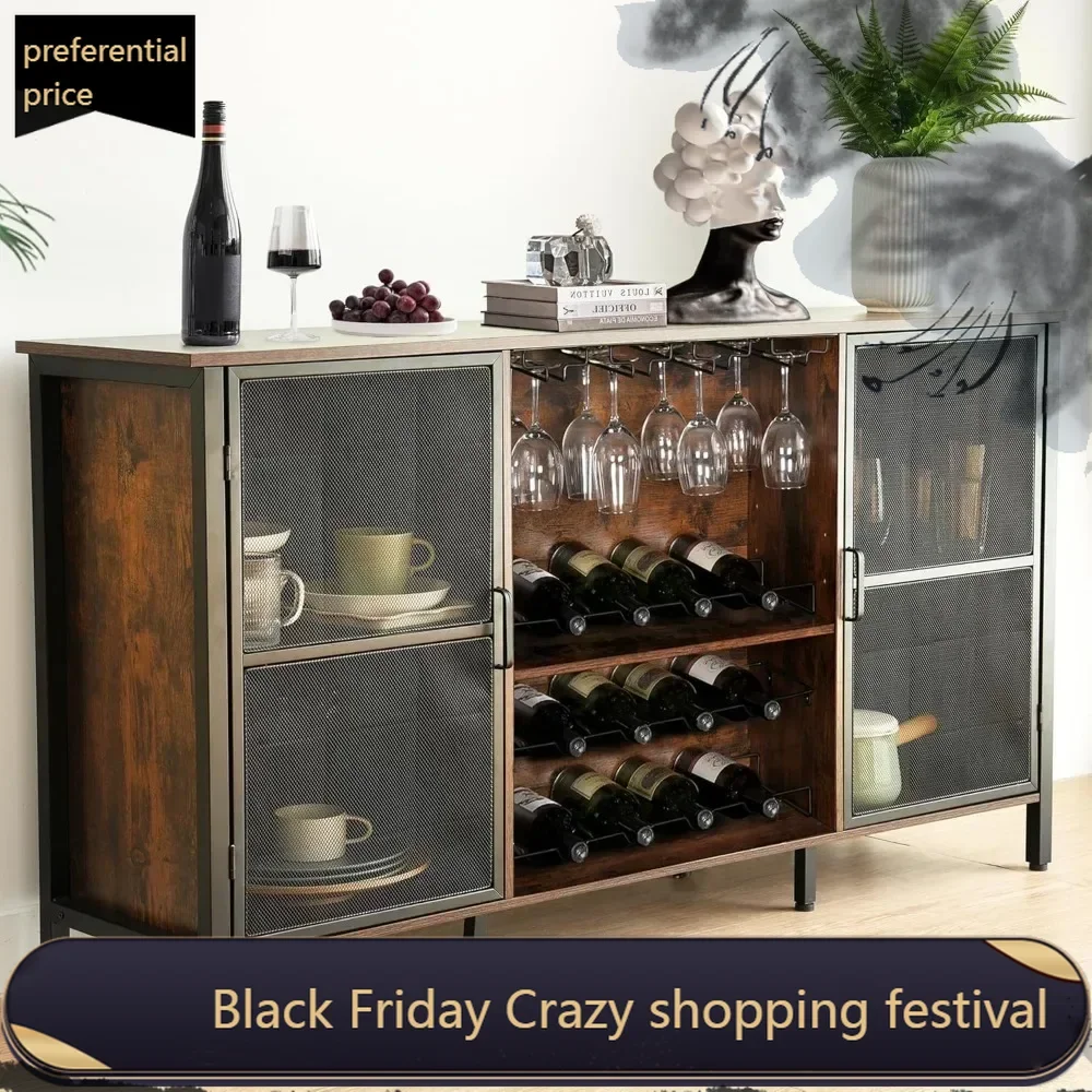 Liquor Cabinet Industrial Wine Bar Cabinet for Liquor and Glasses Farmhouse Sideboard and Buffet Cabinet for Home Kitchen Dining