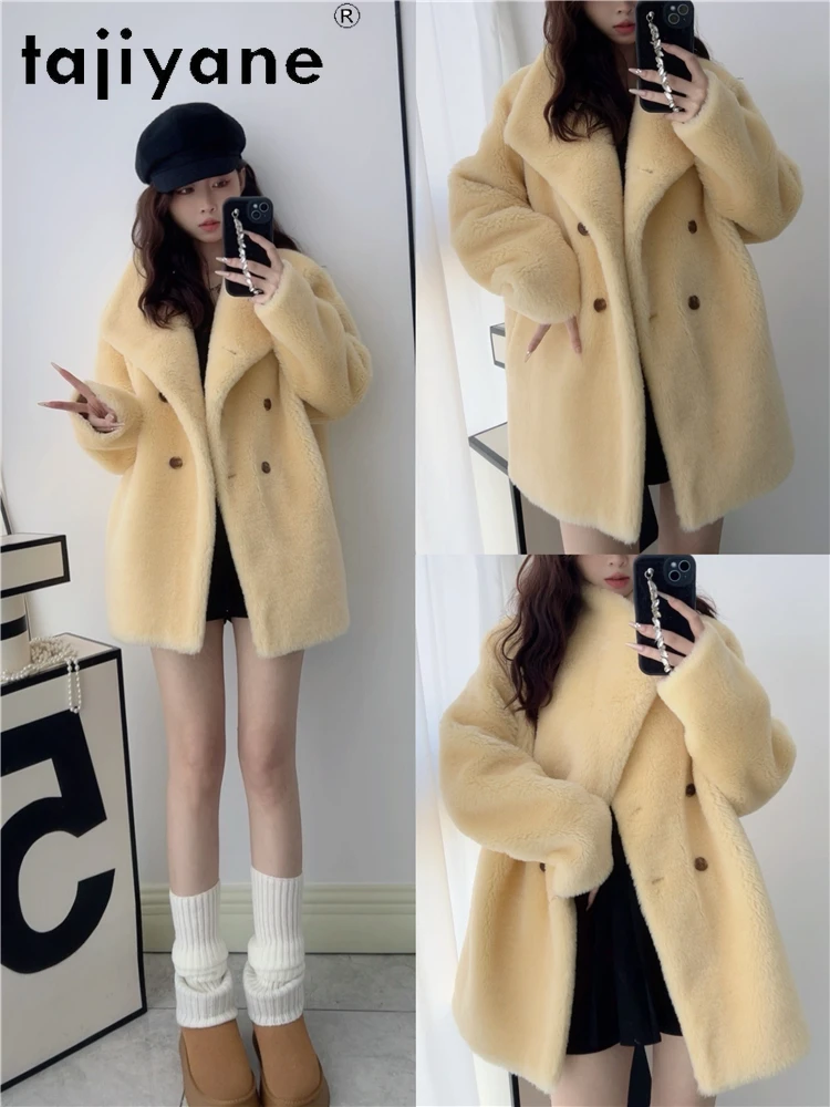 เสื้อโค้ทขนสัตว์แท้ 100% สำหรับผู้หญิง สไตล์เกาหลี สีเหลือง แจ็คเก็ตขนแกะ ฤดูหนาว 2025 เสื้อผ้าผู้หญิง