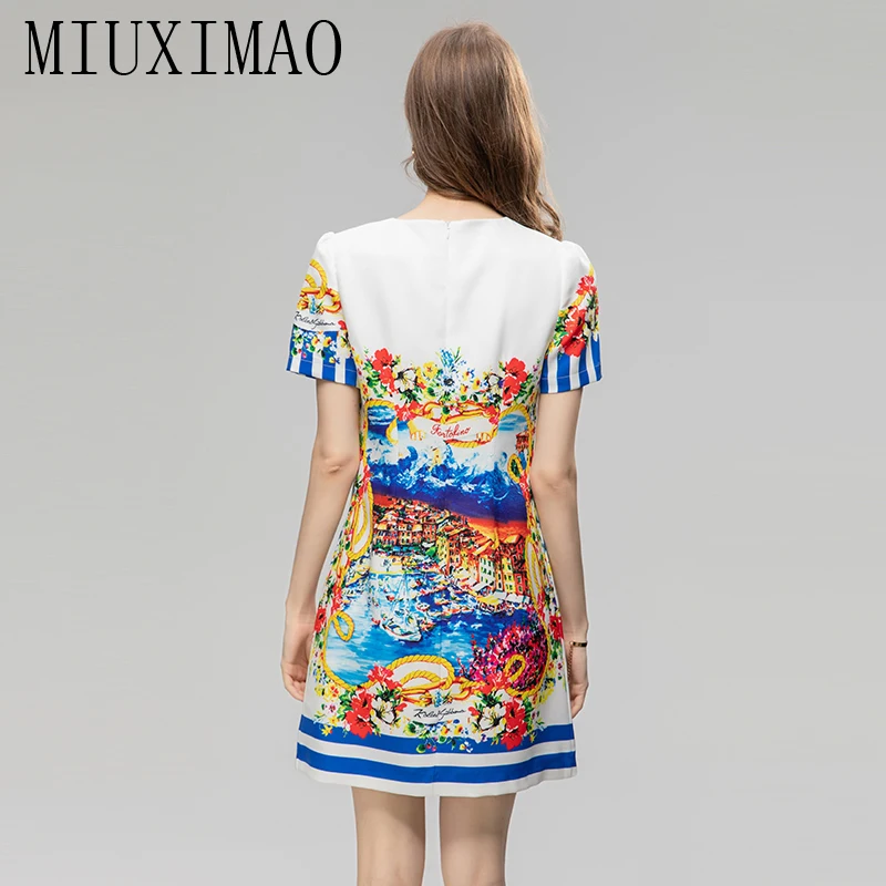 MIUXIMAO 2023 Fall Dress Sicily Fashion Short Sleeve Slim Flower Boat Diamonds   Tank Dress Women Vestidos Loose Mini Dress