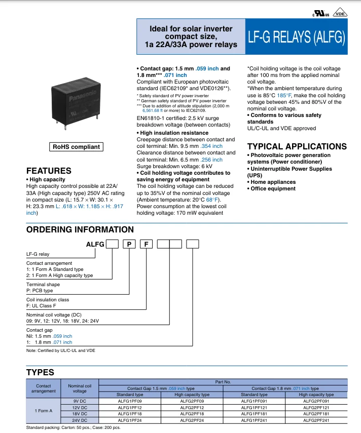 Relé do poder, 4 pinos, ALFG2PF121, ALFG2PF241, ALFG2PF12, 33A, 250VAC, 12VDC