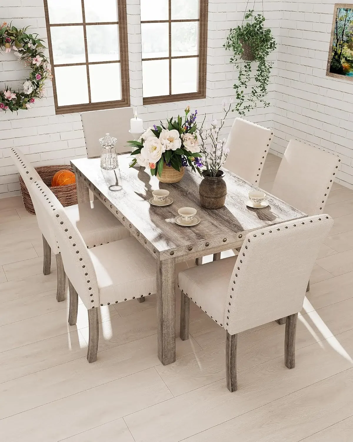 7 Piece Rustic Wooden Dining Set, Mid-Century Modern Table & Chair Set for Spacious Dining Rooms and Entertaining Guests