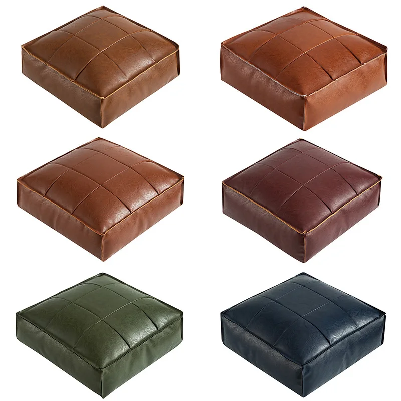 Moroccan PU Leather Pouf Square Cushion Cover Unstuffed Cushion Oil Wax Skin Embroider Craft Ottoman Footstool Futon Seat Cover