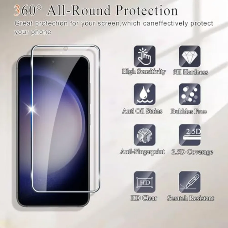 3+3 عبوات مصممة لهاتف سامسونج جالاكسي S23 واقي شاشة وواقي عدسة الكاميرا 9H هاردن جالاكسي S23 خلية من الزجاج المقسى Pho