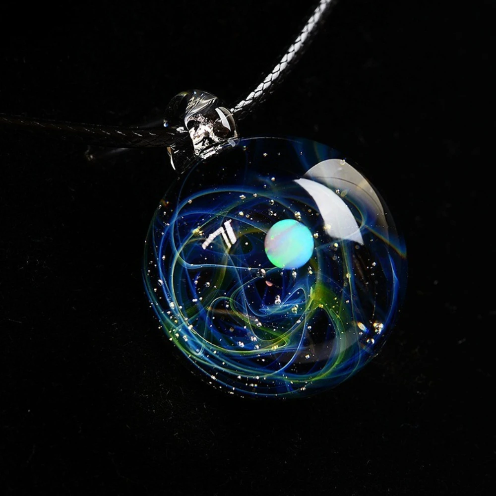 Blue Backdrop Wire Double Bead Pendants Universe Starry Skys Glass Beads Necklaces Men Women High-end Versatile Fashion Jewelry