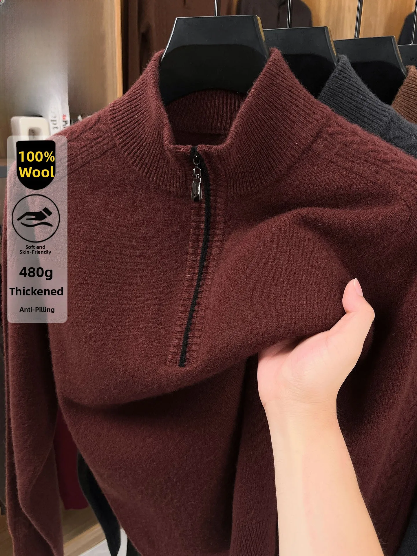 

Thiened Winter Knitted Pure Wool Men's Sweater f High Zipper Ne Woolen irt Warm Casual Sle Long Sve Base irt