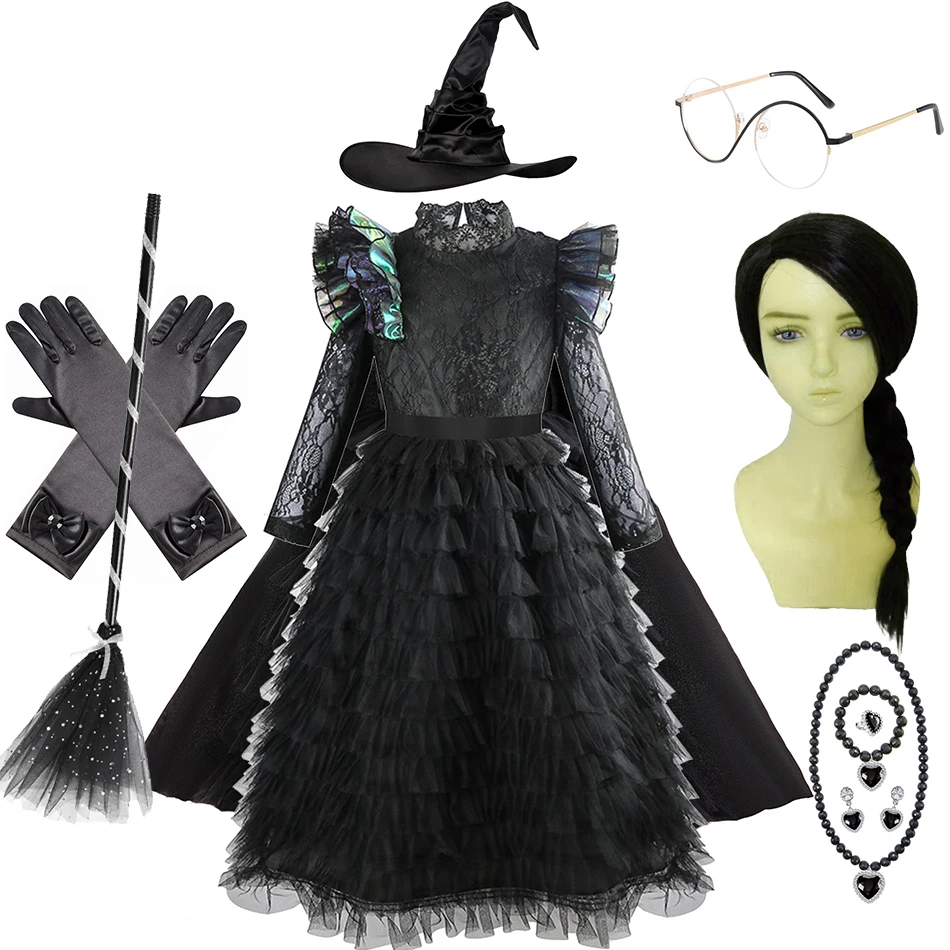 Halloween Witch Elphaba Costume Kids Purim Fantasy Outfits Girls Fancy Sets Children Long Sleeve Lace Ruffles Black Party Gown