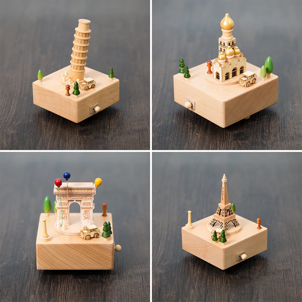 Business Gift Eiffel Tower Arc De Triomphe Classic Architecture Wood Music Box Home Ornaments Wood Crafts Travel Souvenir Gifts