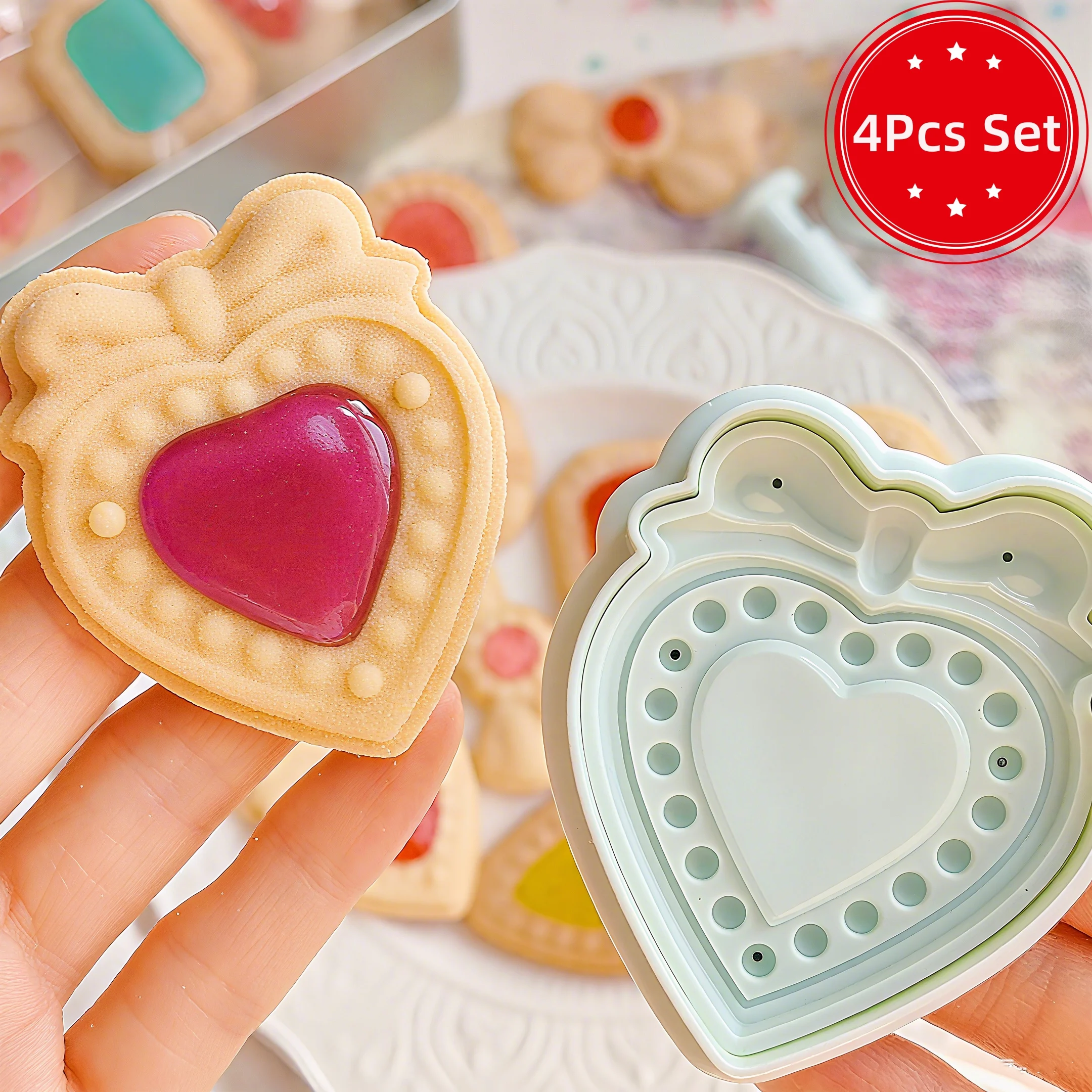 4-teiliges Set Herzmuster-Ausstechformen für Sandwiches, 3D-Backformen für Fondant, Kuchendekoration, Gebäck-Stempel, Backzubehör
