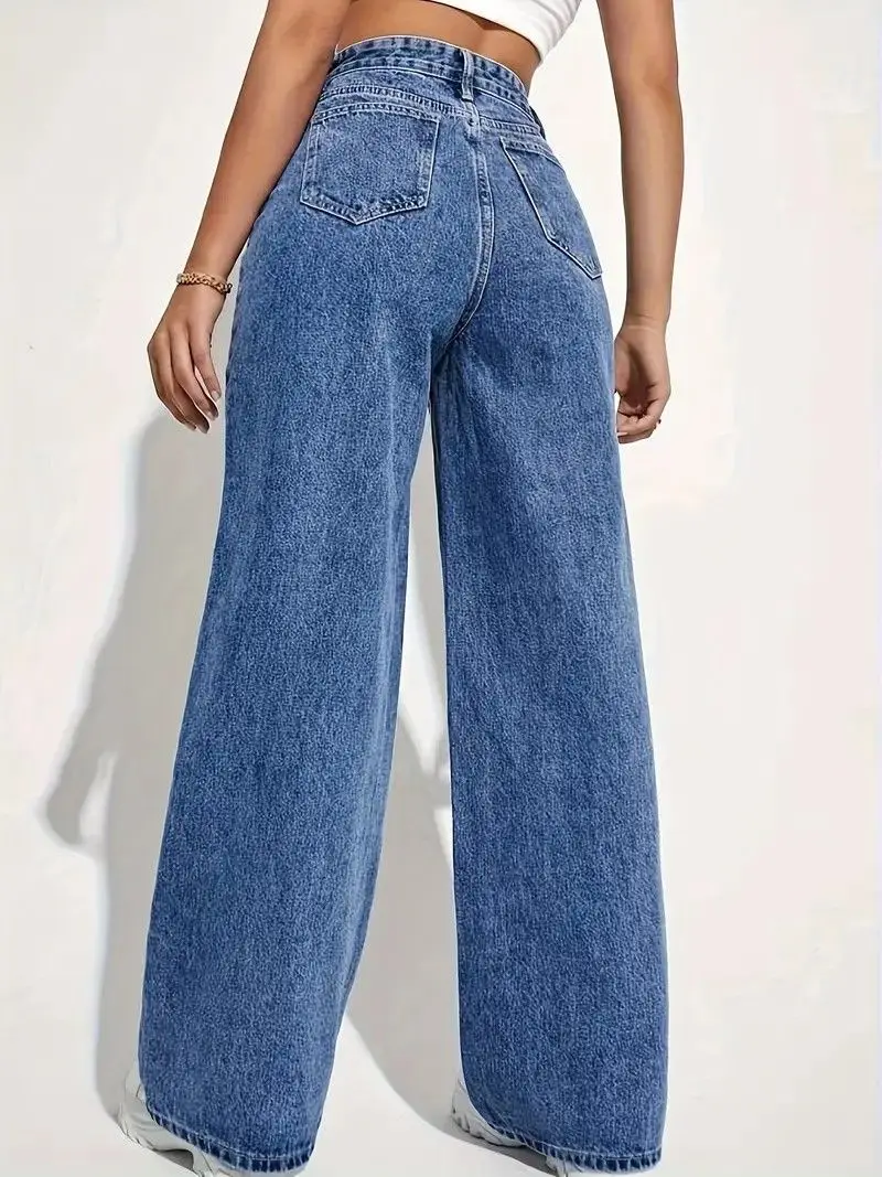 Modne retro niebieskie jeansy damskie y2k, luźne spodnie proste w stylu high street, spodnie wyszczuplające z wysokim stanem. — zdjęcie 3
