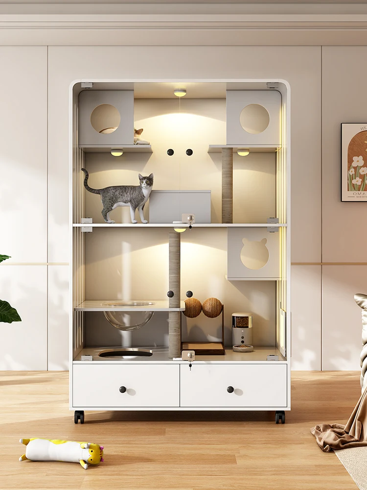 

Вилла для кошек из цельного дерева, универсальная клетка для кошек на четыре сезона, туалет, встроенная большая клетка для кошек свободного пространства