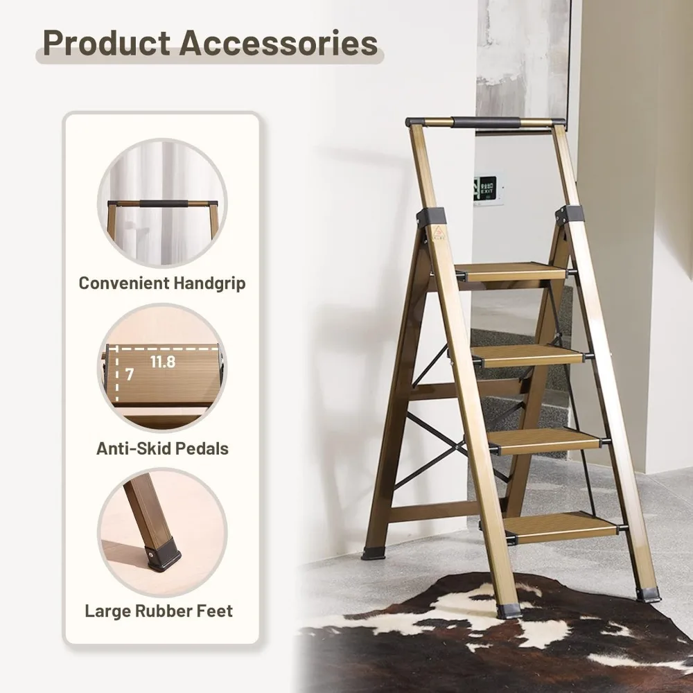 سلم ألومنيوم قابل للطي بأربع خطوات مع درابزين قابل للسحب ودواسات واسعة مضادة للانزلاق وتصميم محمول للاستخدام المنزلي والمكتبي #5