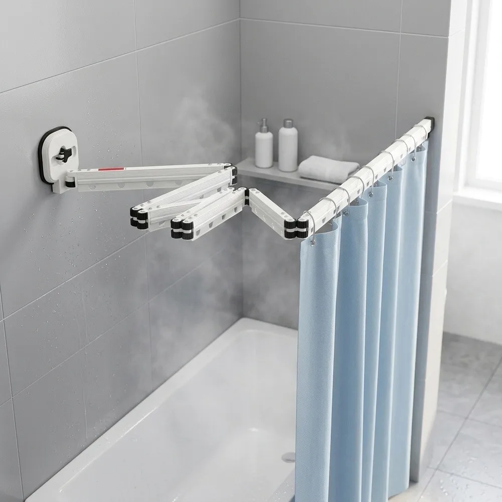Portable Shower Divider Suction Shower Rod For Temporary Shower Area White Waterproof Construction 4 Fold Design