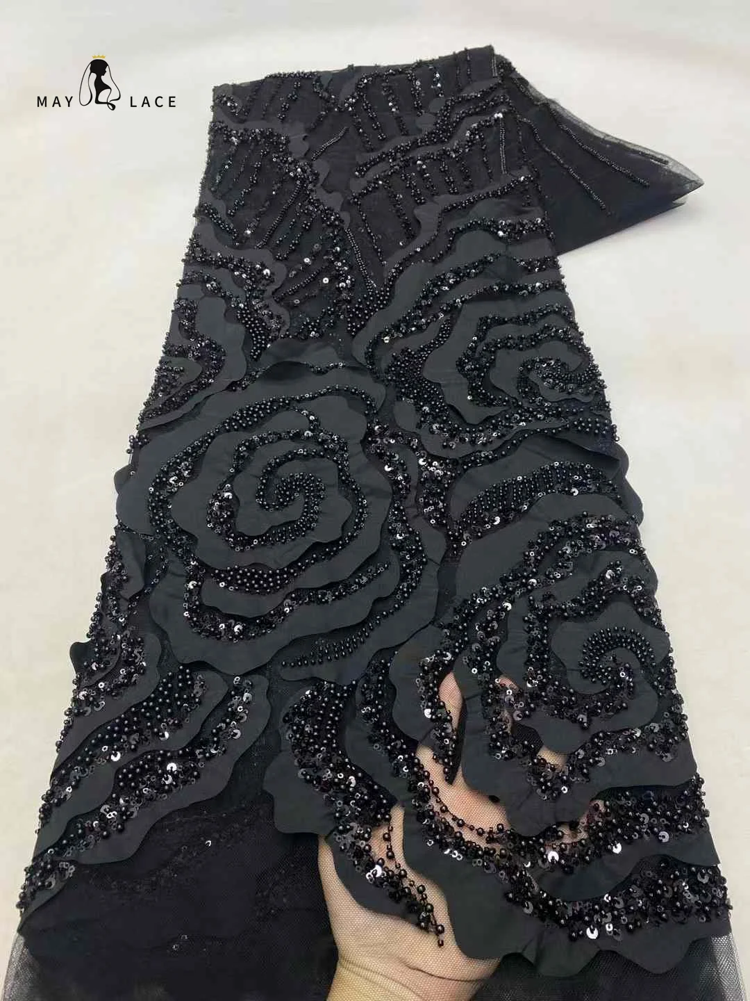 Black African Beads Lace Fabric, French Sequins Fabric, High Quality Sewing, Embroidered Groom Lace Tulle, Nigerian Dress, 2024