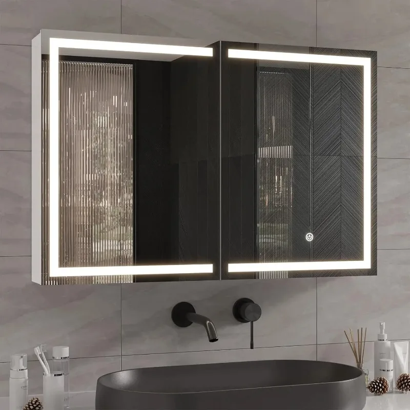 Medicine Cabinet With Mirror And LED Light, Wall Mounted Bathroom Mirror With Storage, 3 Doors Bathroom Wall