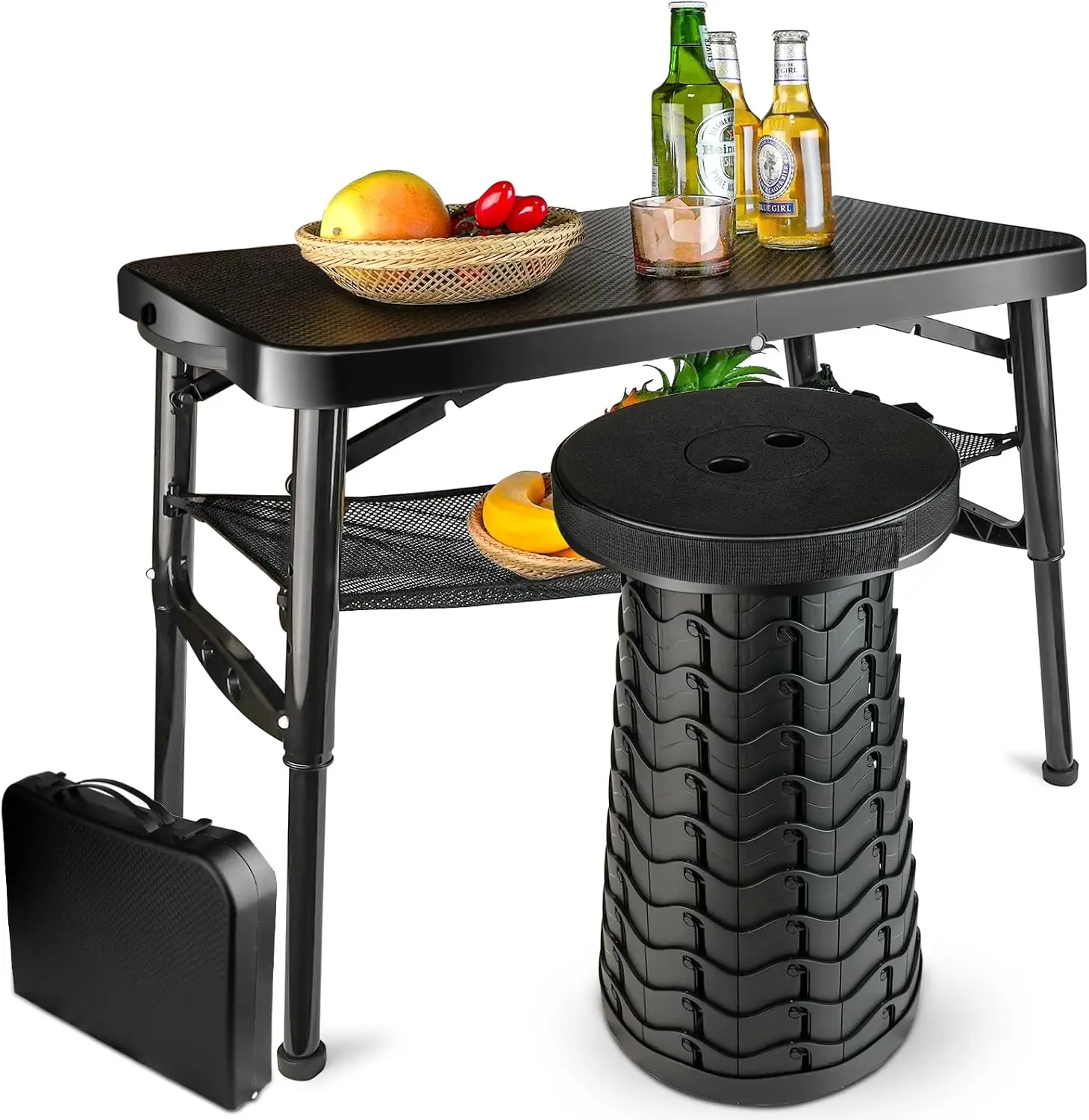 

Portable Folding Table and Stool Set, Lightweight Foldable for Camping Picnic Beach Fishing, Sturdy with Mesh Storage