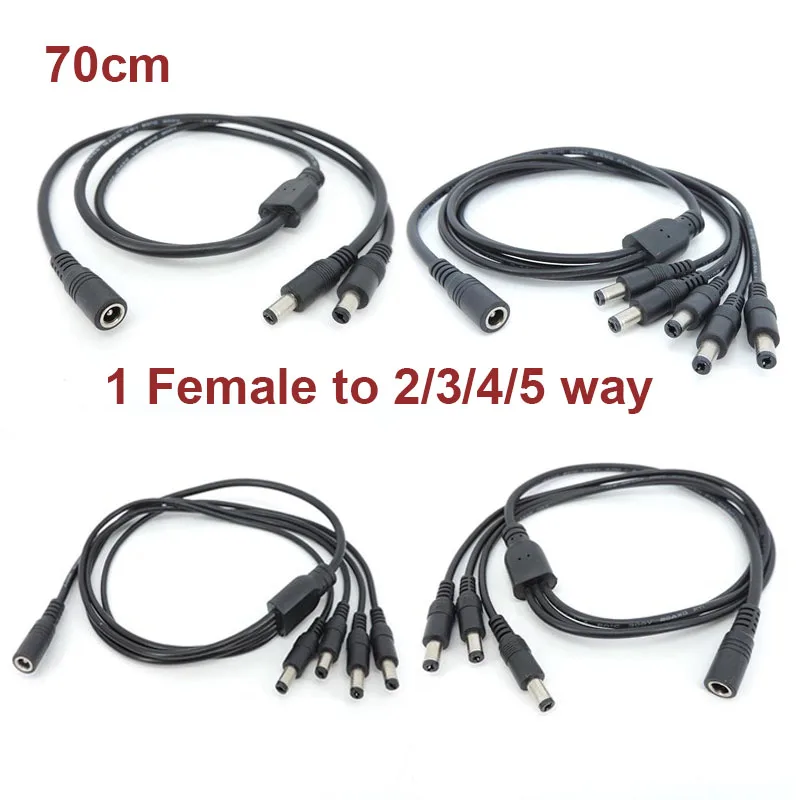 70cm 12V DC Power Supply Splitter Plug 1 Female to 2 3 4 5 way Male 18awg connector Camera Cable CCTV Accessories 2.1*5.5mm