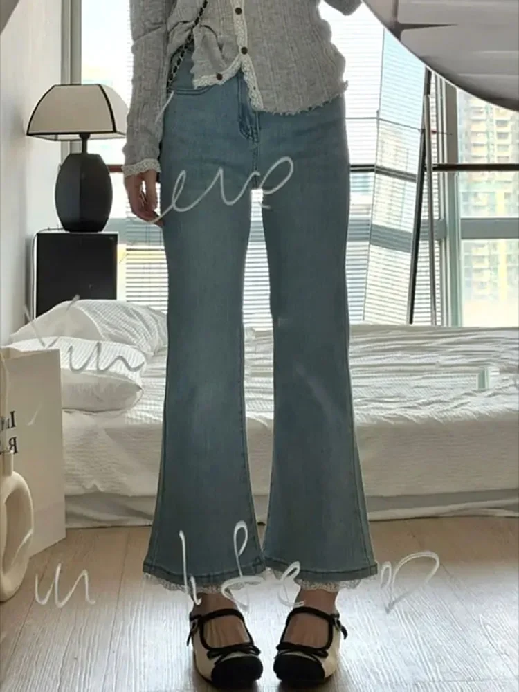 

Светлые расклешенные джинсы с кружевными краями в стиле ретро, женские летние новые стильные эластичные укороченные расклешенные брюки с высокой талией