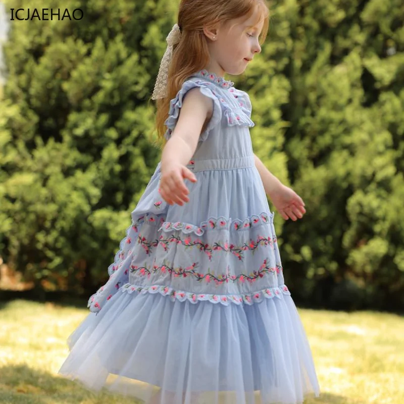 ICJAEHAO 2024 Vintage Baby Girl Dresses Sleeveless O-Neck Palace Style Princess Floral Embroidery Matching Newborn Vestidos