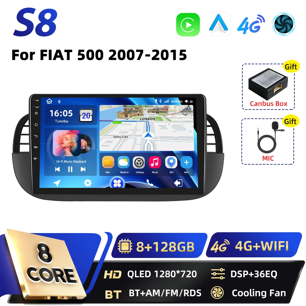 Podofo Qualcomm 8-Core Carplay 2DIN Android Auto Multimedia Speler Voor FIAT 500 2007 2008-2015 GPS Navigatie DSP WIFI FM RDS BT