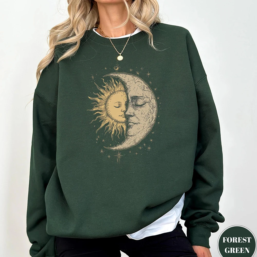 เสื้อสเวตเชิ้ตยูนิเซ็กซ์ลายพระอาทิตย์และพระจันทร์สไตล์วินเทจโบฮีเมียน แขนยาว ผ้าฟลีซ สวมใส่สบายๆ ทุกวัน สไตล์ Y2K เสื้อสตรีทแวร์