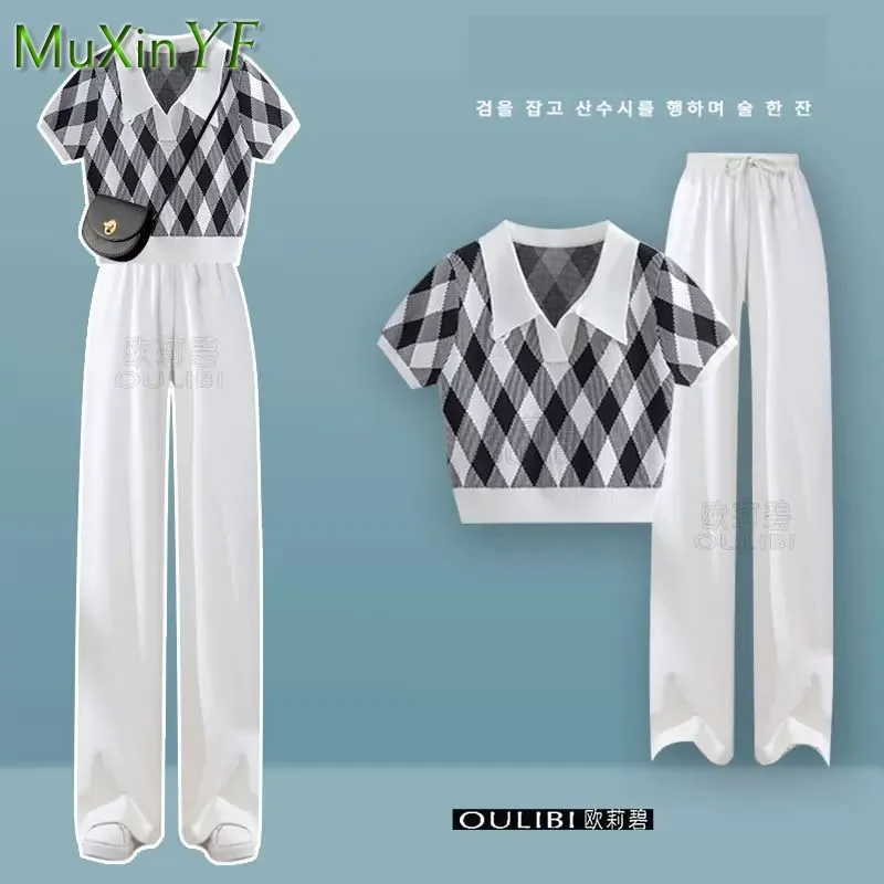 2023 Summer New Loose Polo Neck Top+Wide Leg Pants Two Piece Suit Women\'s Korean Elegant Short Sleeve Pants Casual Matching Set