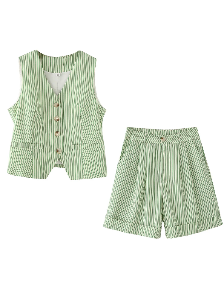 

European style new women's fashion versatile temperament sleeveless striped vest mid-waist shorts suit