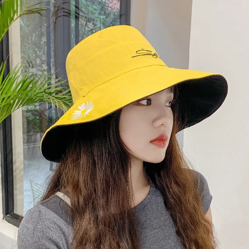 

Women's Wide Brim Daisy Bucket Hat Men Summer Double-sided Outdoor Panama Anti-UV Beach Sun Hats Reversible Cotton Fisherman Hat