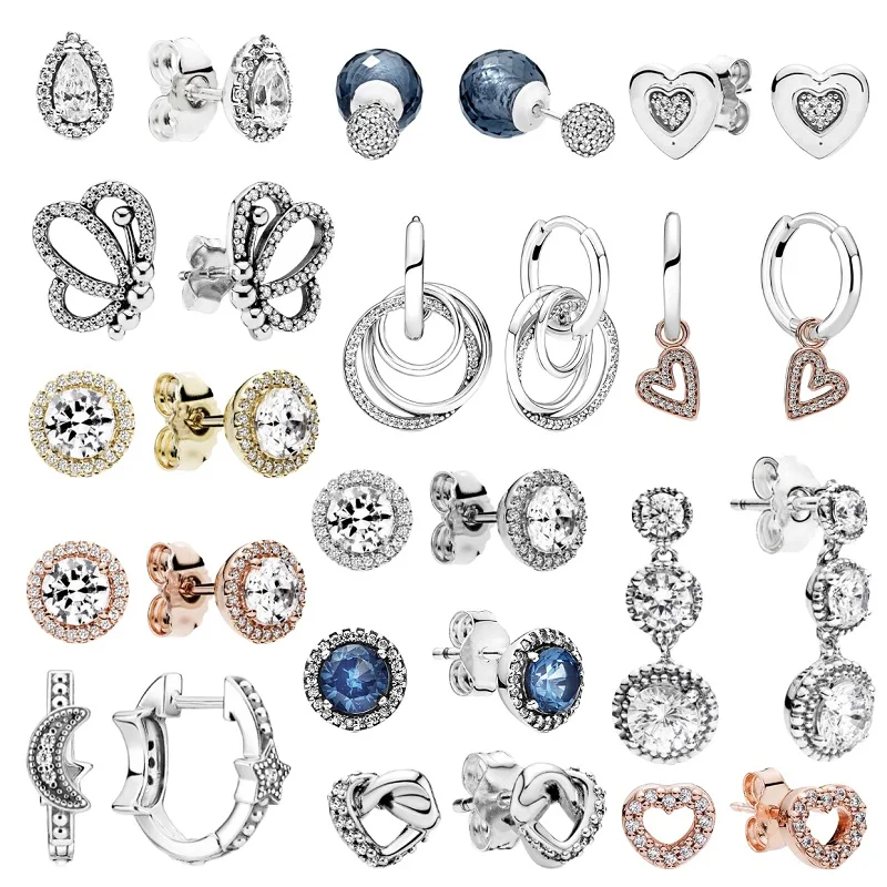 100%925 sterling silver Butterfly Water drop Love Star Moon Zircon stud earrings for women birthday gift Wedding jewelry gift
