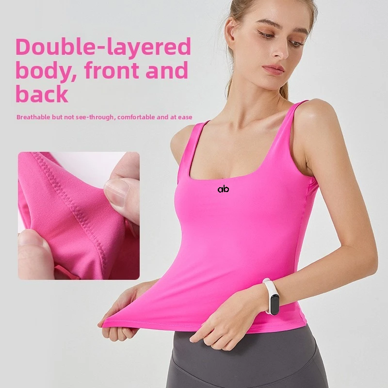 2026 New U‑Neck Double‑Layer Tank Top Women High Elastic Long Built‑in Bra Sleeveless Yoga Gym Casual Outer Top image 3
