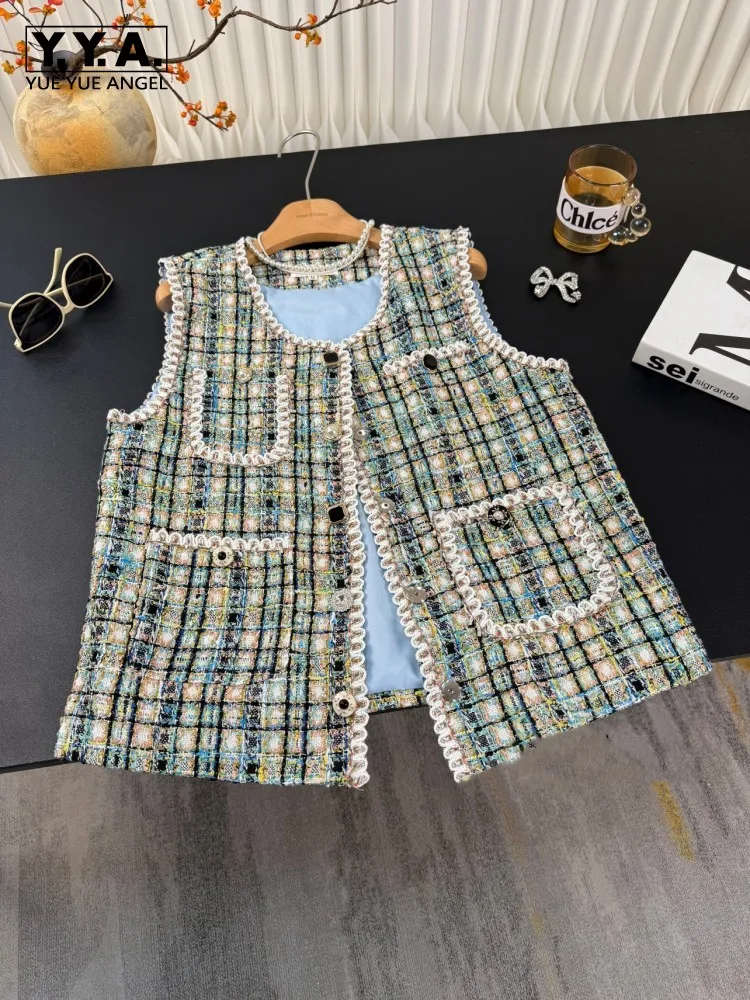 

Vintage Office Ladies Tweed Vest O Neck Single Breasted French Style Elegant Women Waistcoat New Casual Sleeveless Plaid Jacket