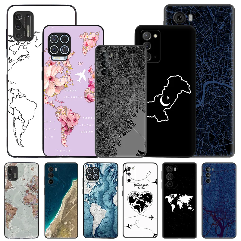 Soft Phone Case For Motorola G53 G73 G9 G50 G51 G60 G71 G22 G32 G52 G72 Edge40 20 30 Colorful World Map Travel Black Matte Cover