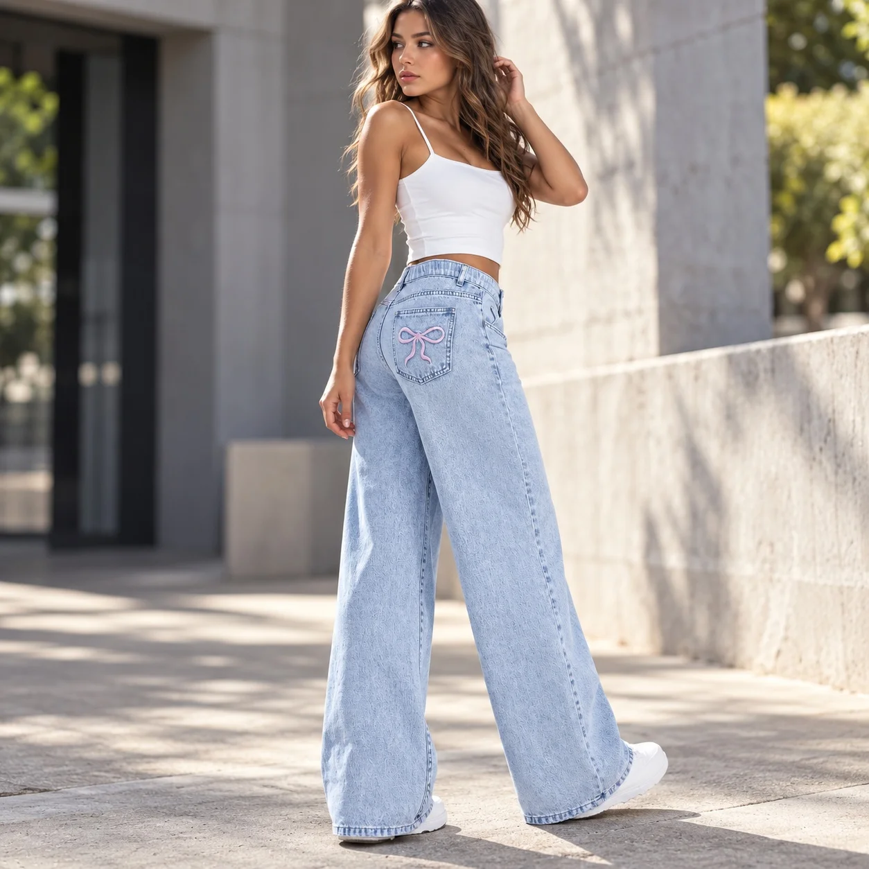 Bow High Waist Pants with Full Length Button and Zipper Fly Long Pants Style High Waist Jeans for Women Autumn Bow Jeans
