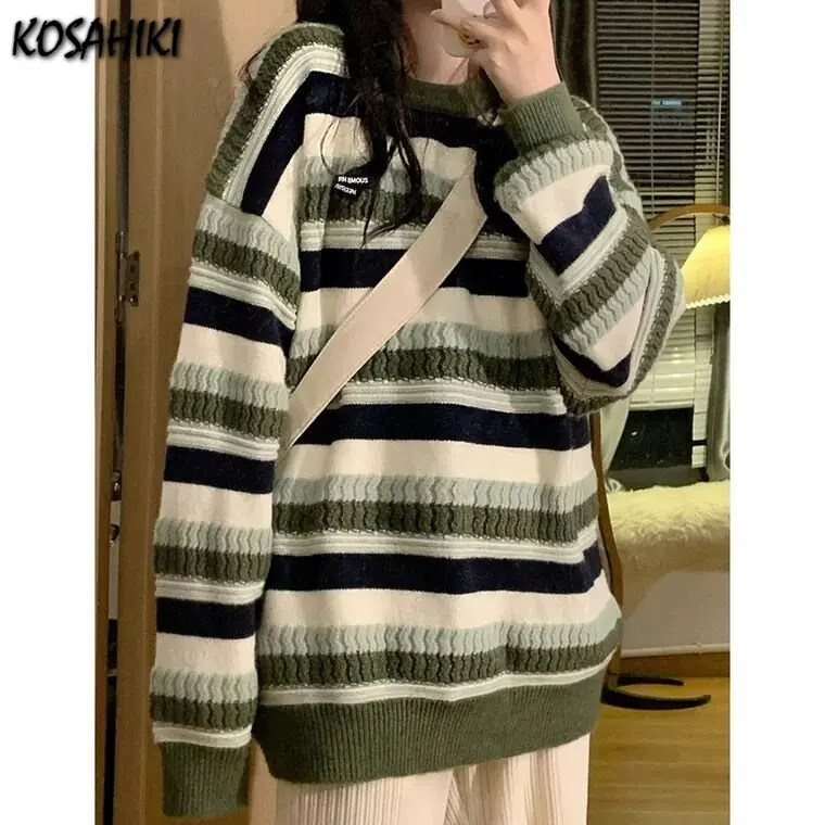 KOSAHIKI Japanese Sweaters Women Fashion Striped Jumper Pull Femme Y2k Tops 2024 Casual  Knit Oversized Grunge Pullovers