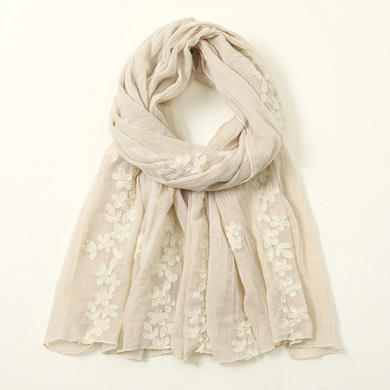 Elegant Embroidery Floral Scarf Shawls Muslim Woman Hijab Lady Viscose Shawl Soft Solid Color Long Wraps Casual Stole Headband