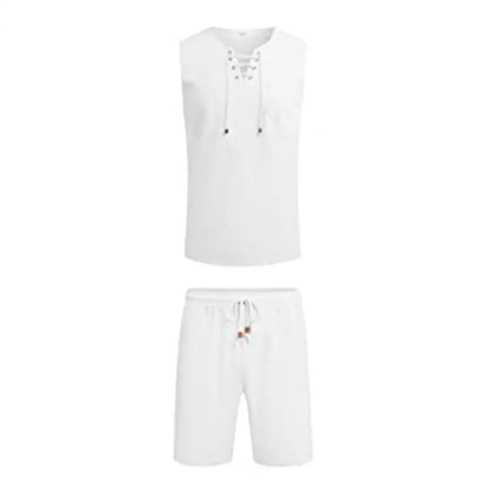 Conjunto de Sportswear sem mangas monocromático masculino, v-Neck Vest, elástico na cintura Shorts, Patch Pockets, respirável, rápido