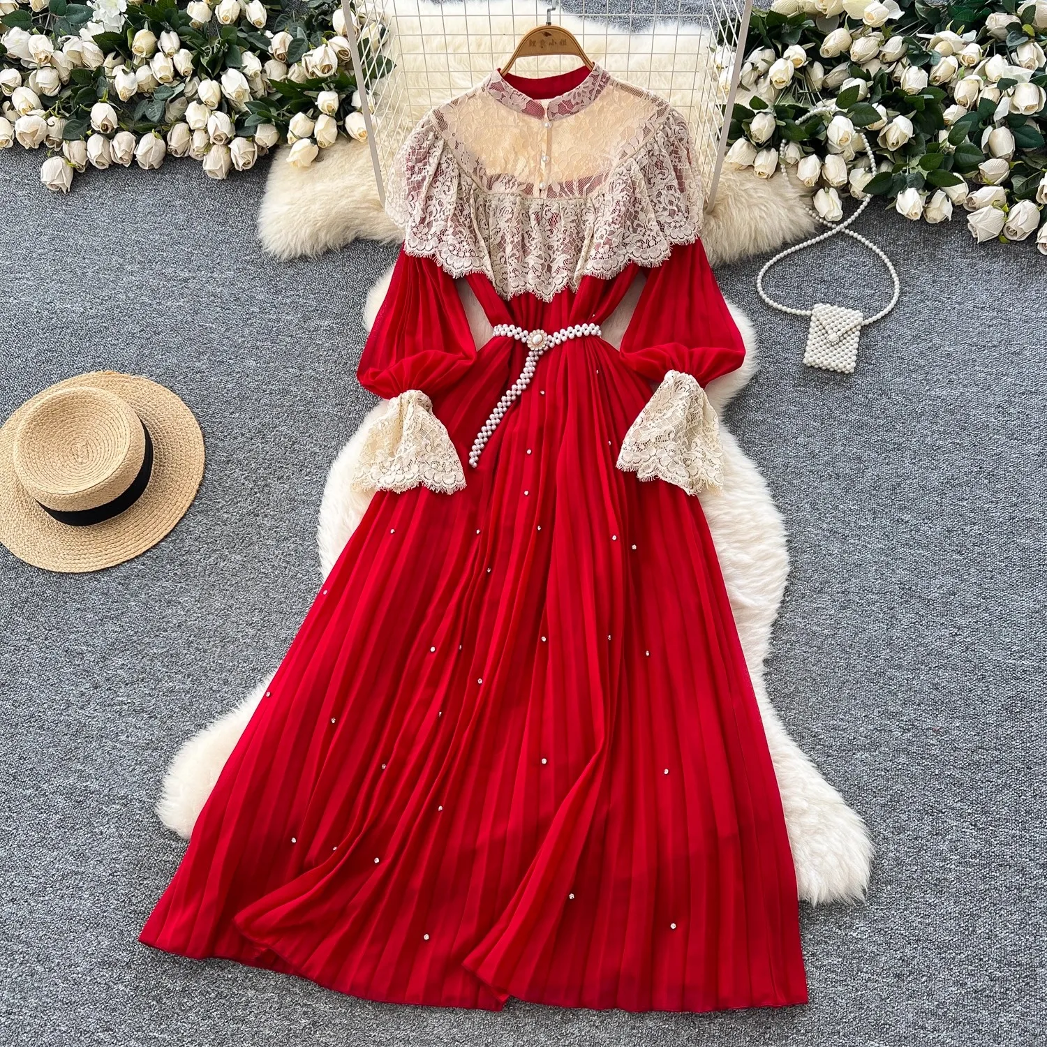 

Elegant Luxury Lace Patchwork Holiday Prom Long Dress for Women Stand Collar Flare Sleeve Loose Crystal Beading Belt Maxi Robes